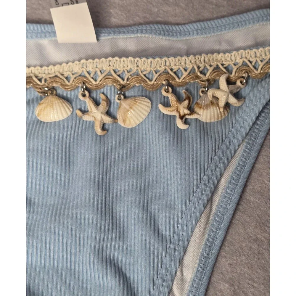 CUPSHE Womens 2pc Bikini Light Blue Ribbed Sz XL Starfish Trim Tie Side NWT
